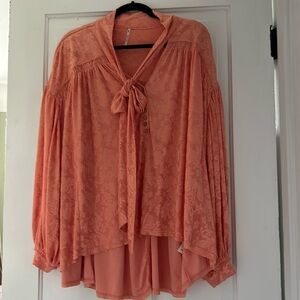 NEW Free People Coral Oversized Flowy Floral Neck Tie Blouse